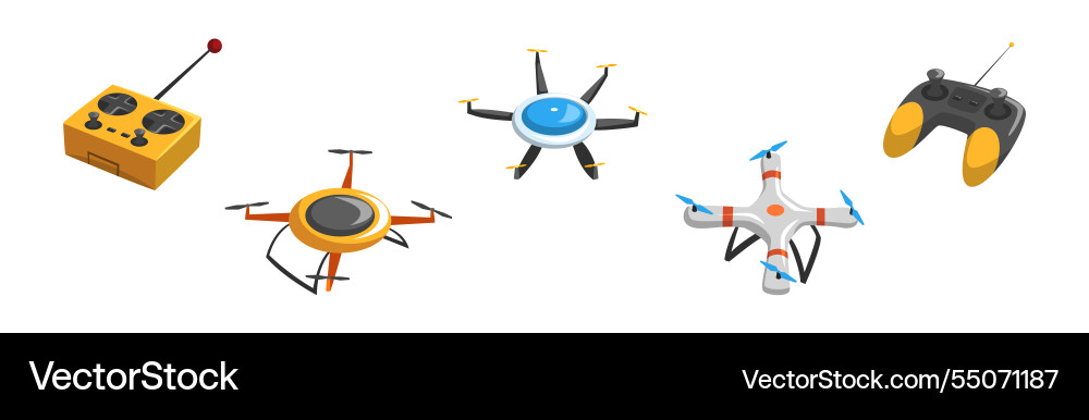 Drone and flying quadcopter with remote control Drone and flying quadcopter with remote control vector image