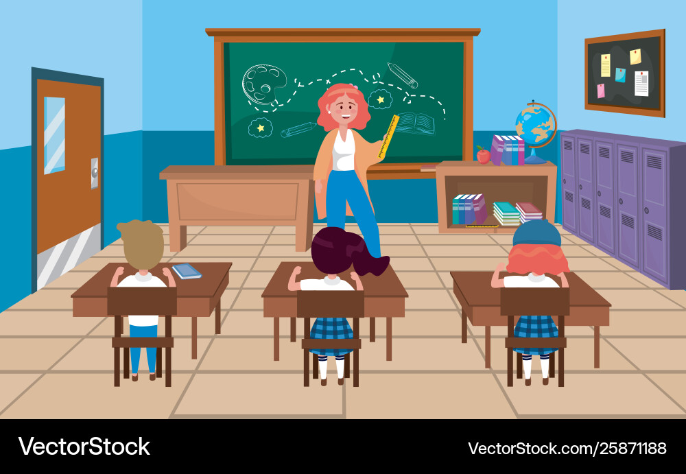 Frau Lehrerin mit Mädchen und Jungen Studenten Frau Lehrerin mit Mädchen und Jungen Studenten vektorbild