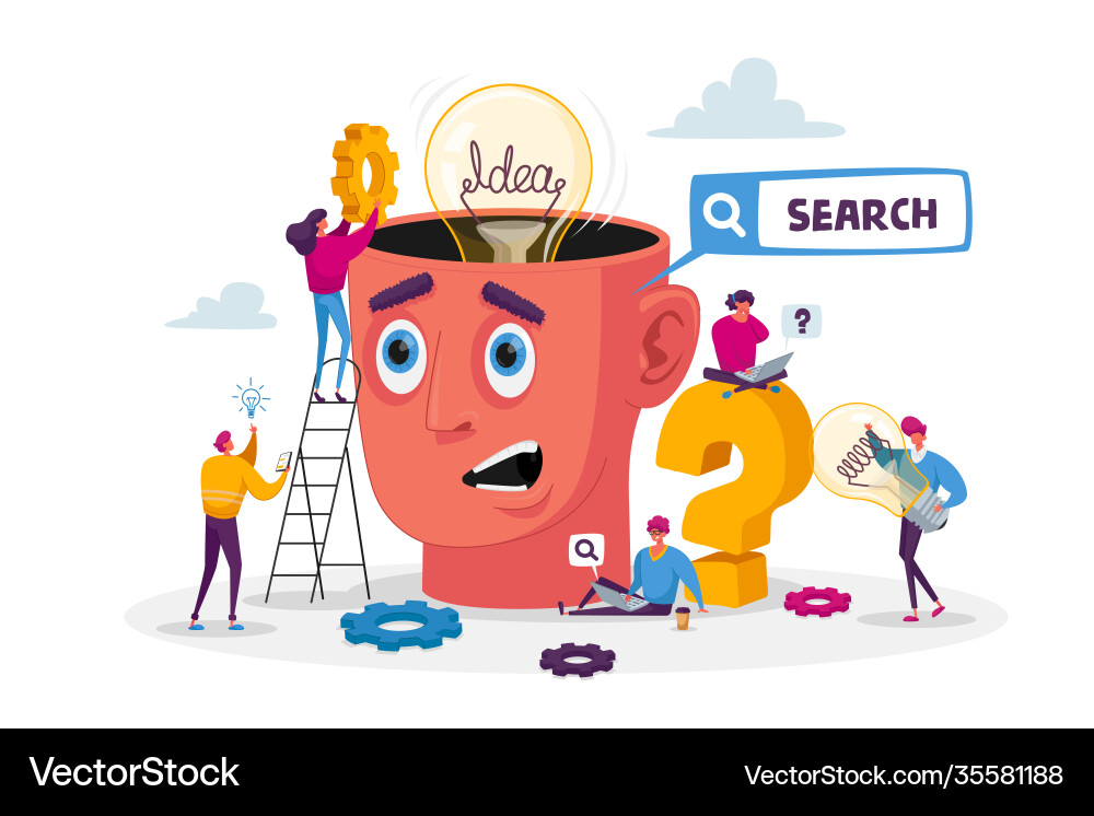 Tiny characters around huge head with light bulb Tiny characters around huge head with light bulb vector image