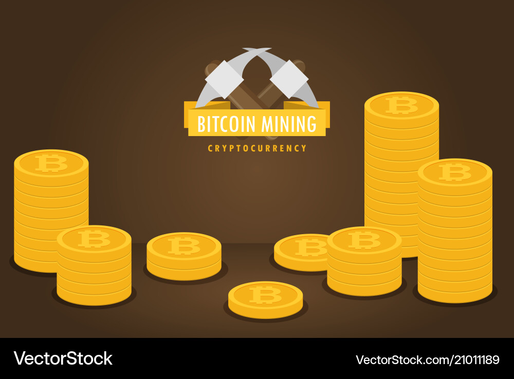 Bitcoin mining concept with pickaxe and coin flat vector image