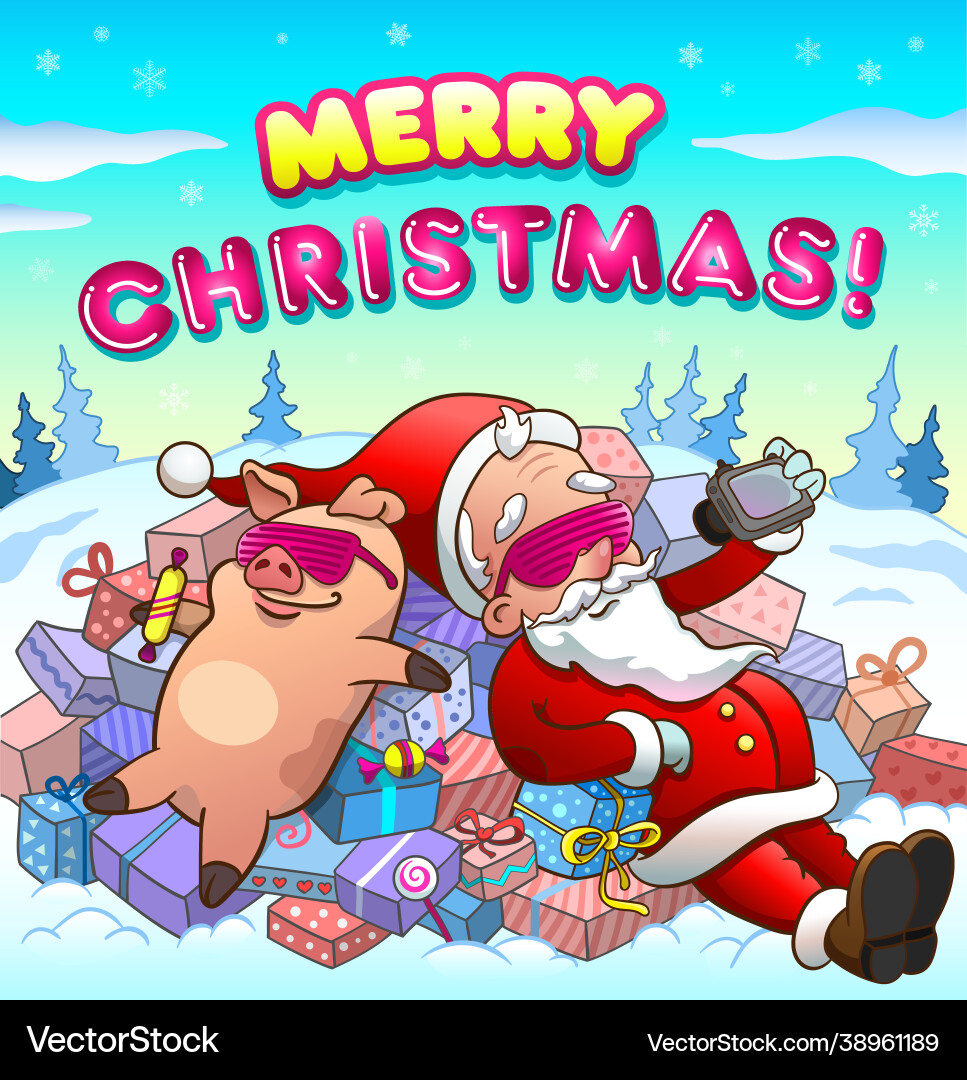Merry christmas santa claus and pig in cool pink Merry christmas santa claus and pig in cool pink vector image