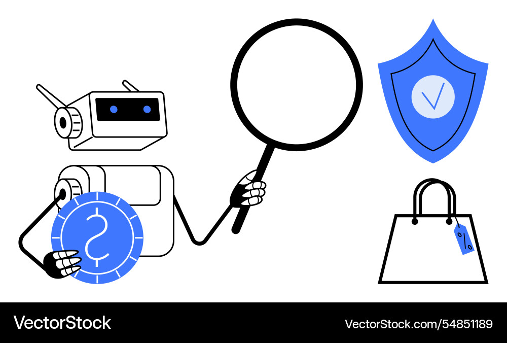 Robot examining e-commerce security and shopping Robot examining e-commerce security and shopping vector image