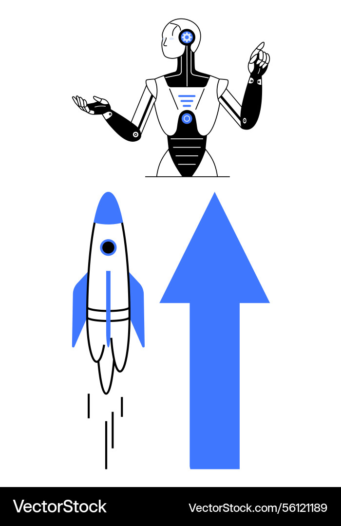 Robot gesturing with rocket launch and upward Vector Image