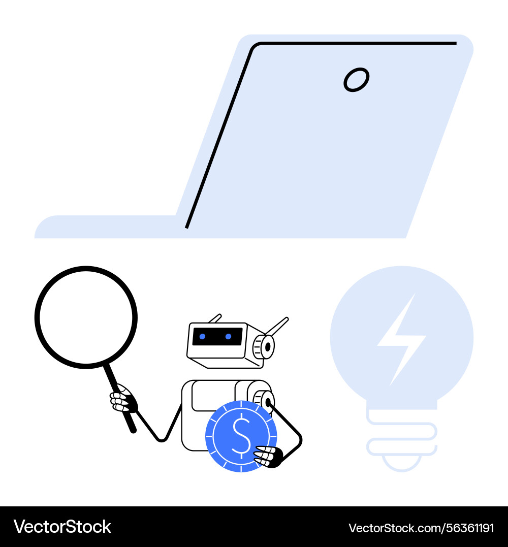 Robot analyzing financial data with magnifier near Robot analyzing financial data with magnifier near vector image
