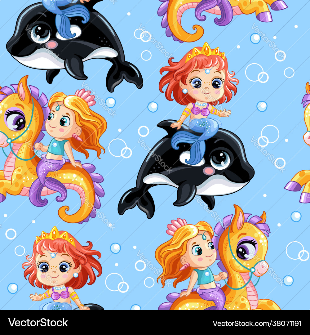 Seamless pattern cute mermaids riding on an orca Seamless pattern cute mermaids riding on an orca vector image