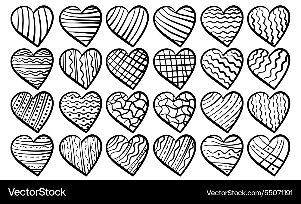 Set of outline doodle hearts with simple patterns Vector Image