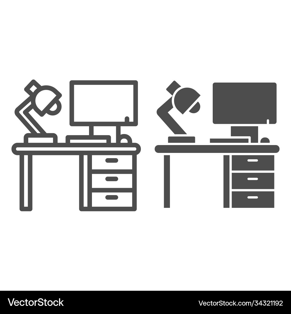 Computer with lamp and desk line solid icon Computer with lamp and desk line solid icon vector image