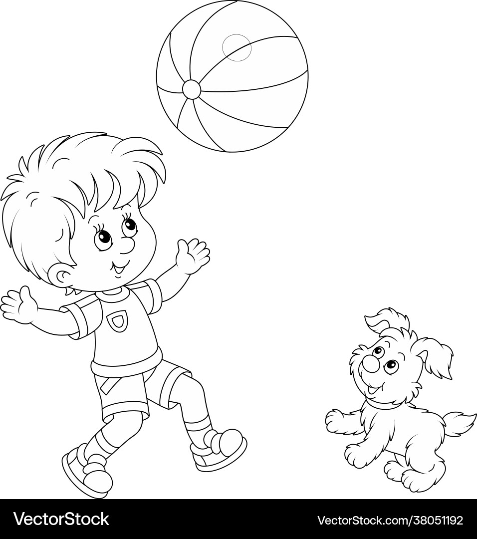Little boy playing a ball with merry puppy Little boy playing a ball with merry puppy vector image