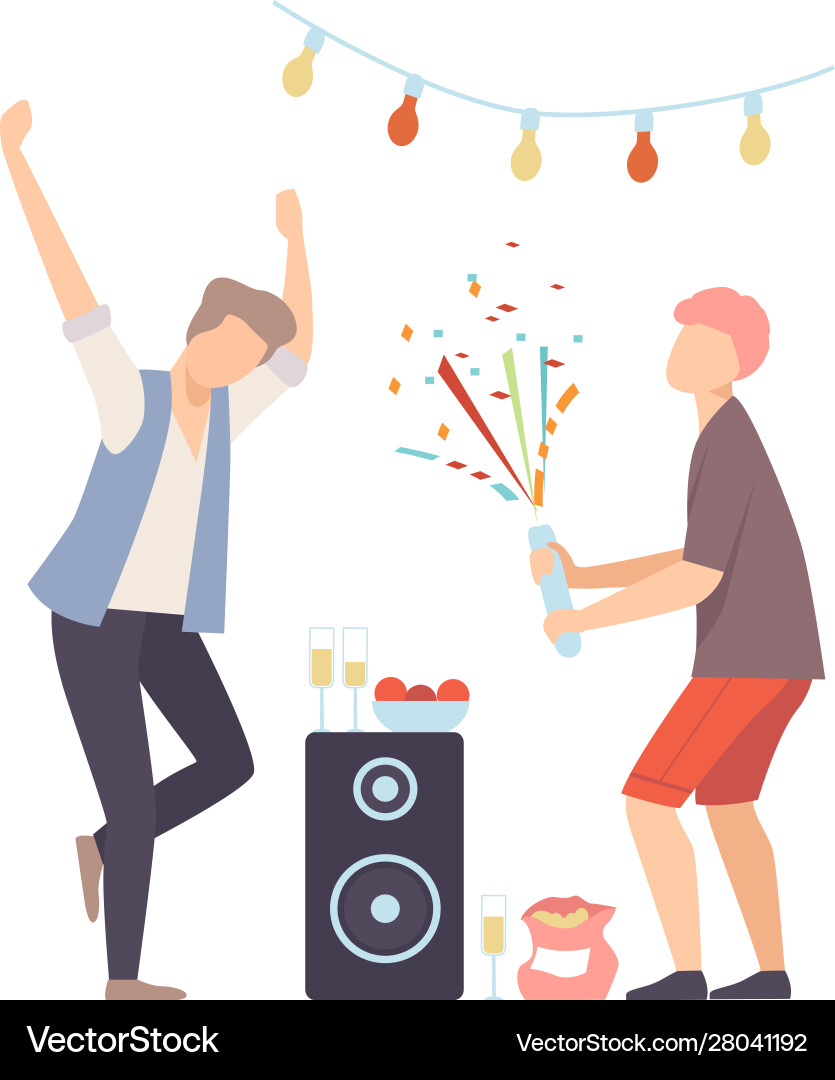 Men on party dancing and exploding firecracker Men on party dancing and exploding firecracker Vector Image