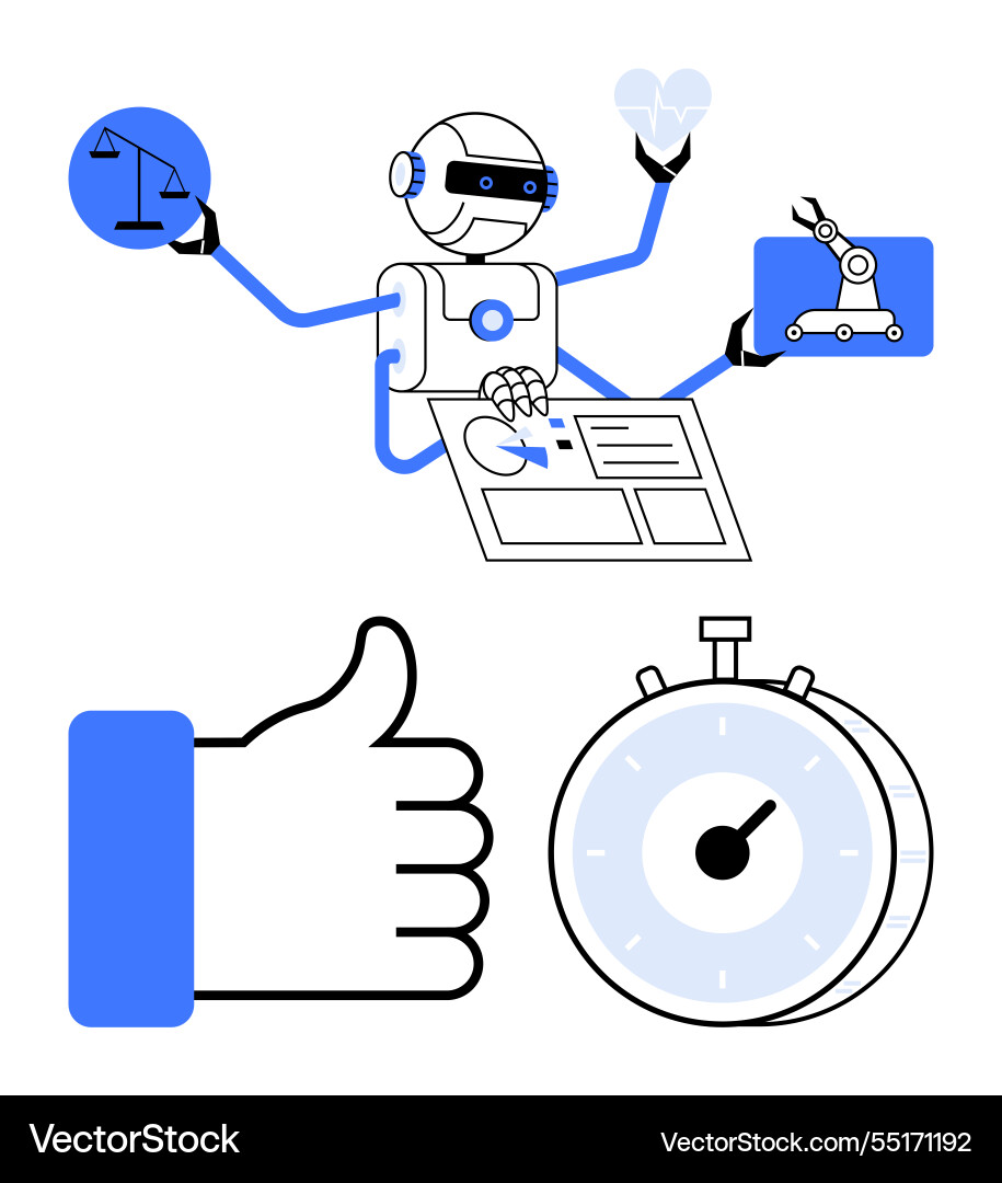 Robot performing tasks with light bulb scale Robot performing tasks with light bulb scale vector image