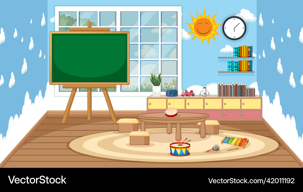 Scene of classroom with chalkboard and table Scene of classroom with chalkboard and table Vector Image