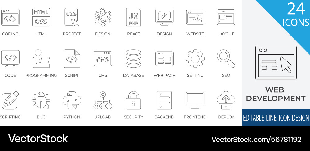 Web development and coding icon set line style Web development and coding icon set line style vector image
