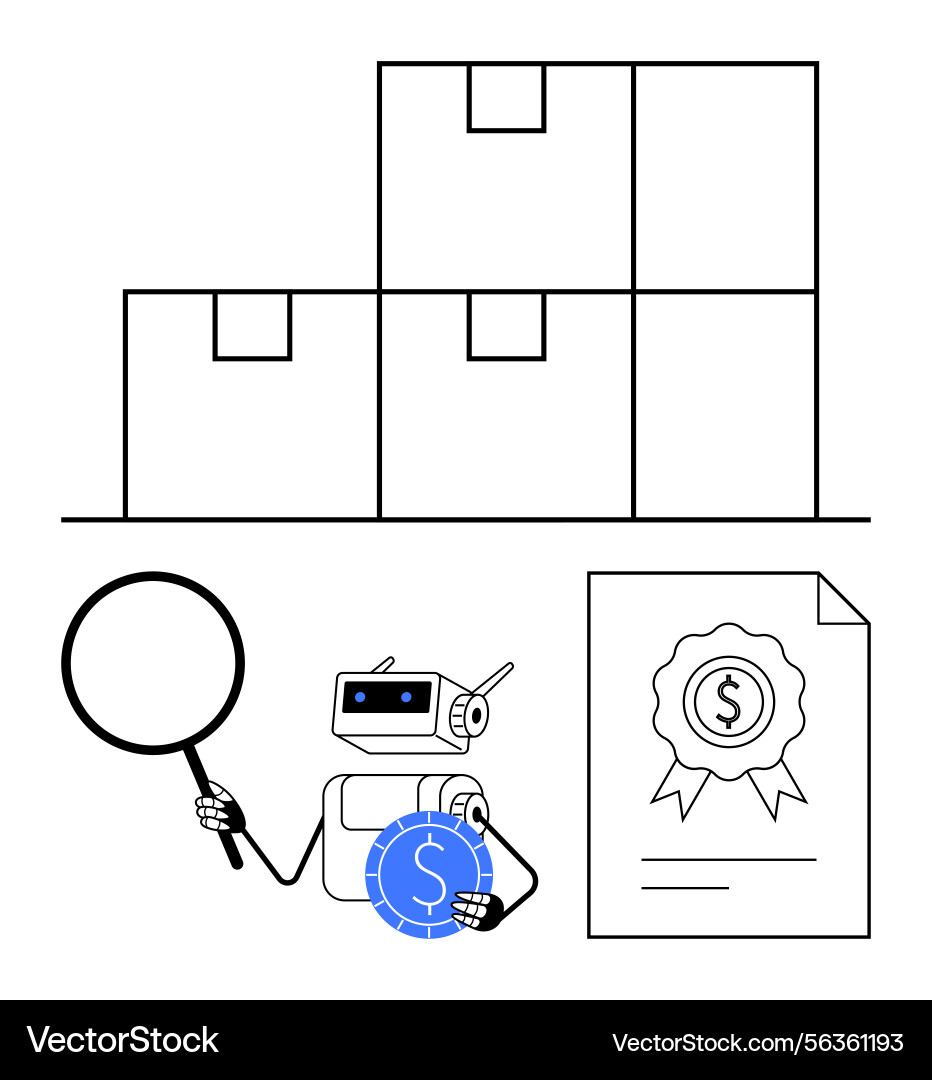 Robot analyzing inventory with magnifier holding Robot analyzing inventory with magnifier holding vector image