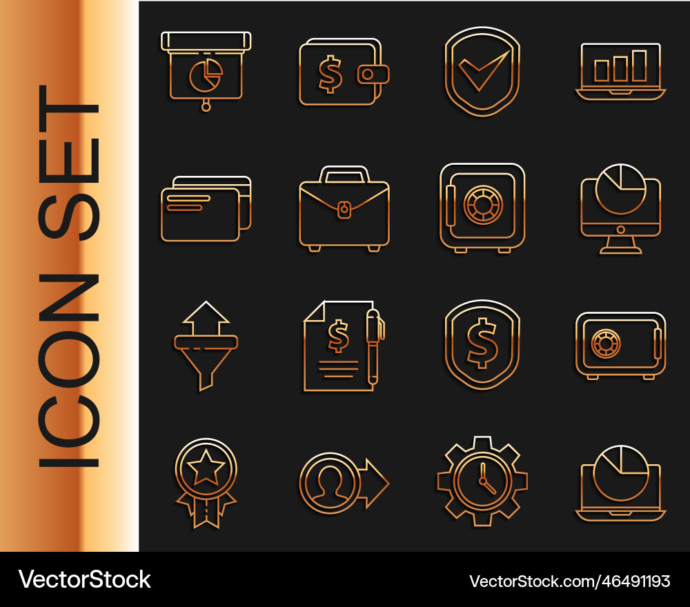 Set line laptop with graph chart safe computer Set line laptop with graph chart safe computer vector image