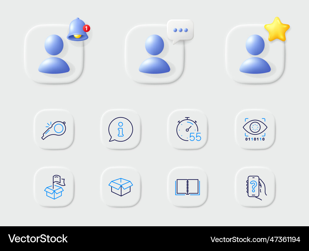 Opened box delivery location and timer line icons Opened box delivery location and timer line icons vector image