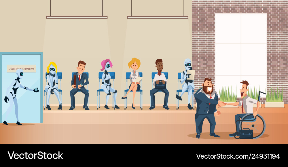 People & Robot Job Interview Queue vector image