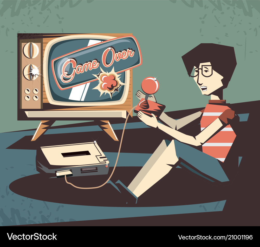 Man playing video game retro vector image