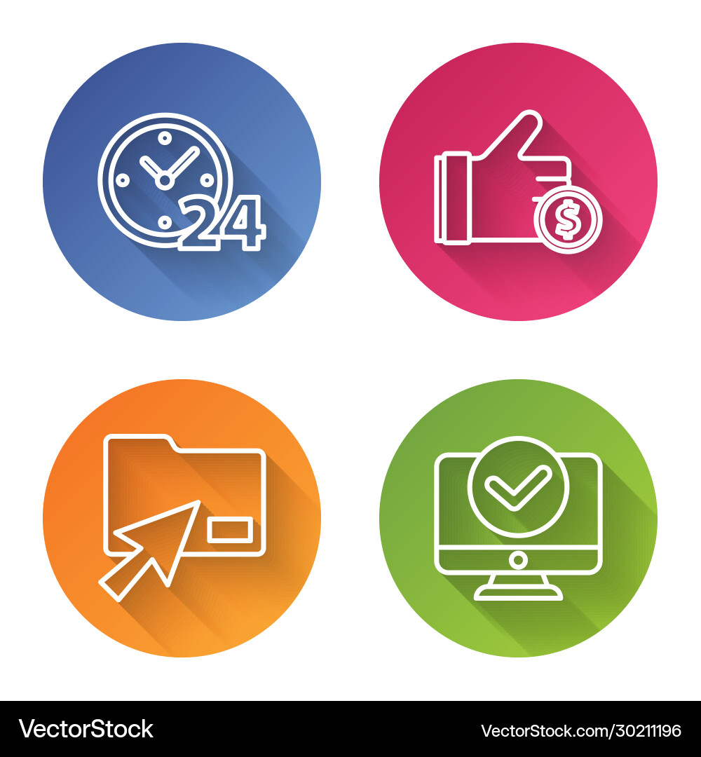 Set line clock 24 hours hand holding coin cursor Set line clock 24 hours hand holding coin cursor vector image