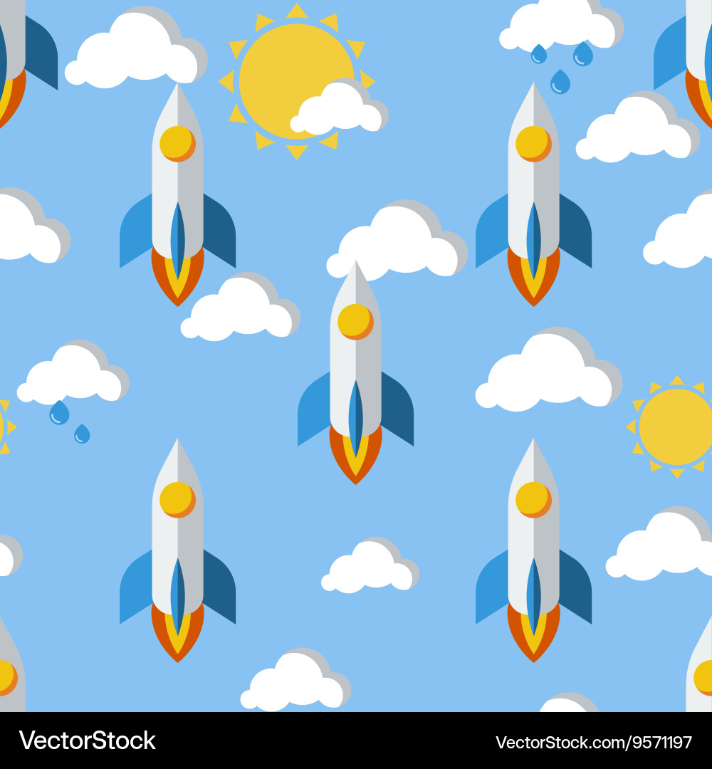 Bright seamless pattern with rockets clouds Vector Image