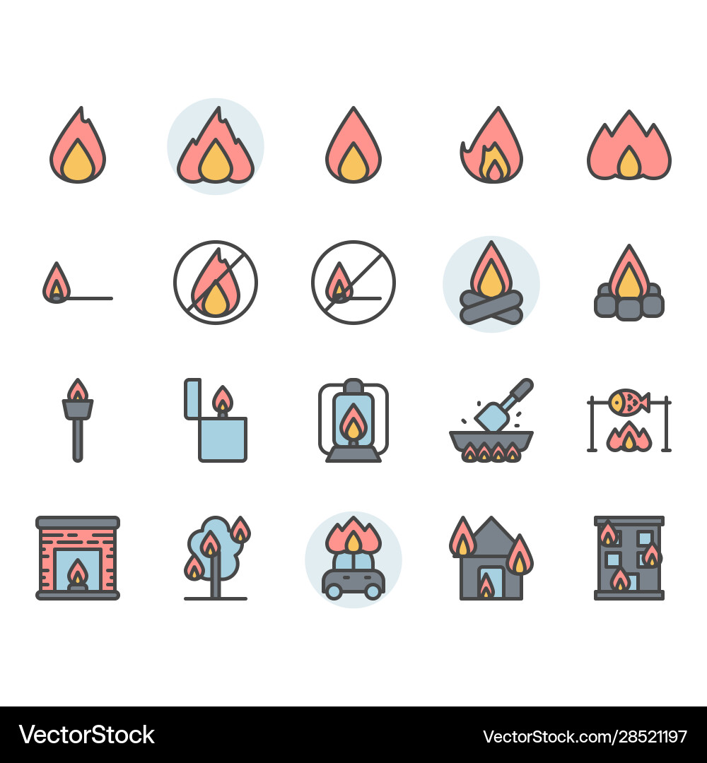 Fire related icon and symbol set in color outline Fire related icon and symbol set in color outline Vector Image