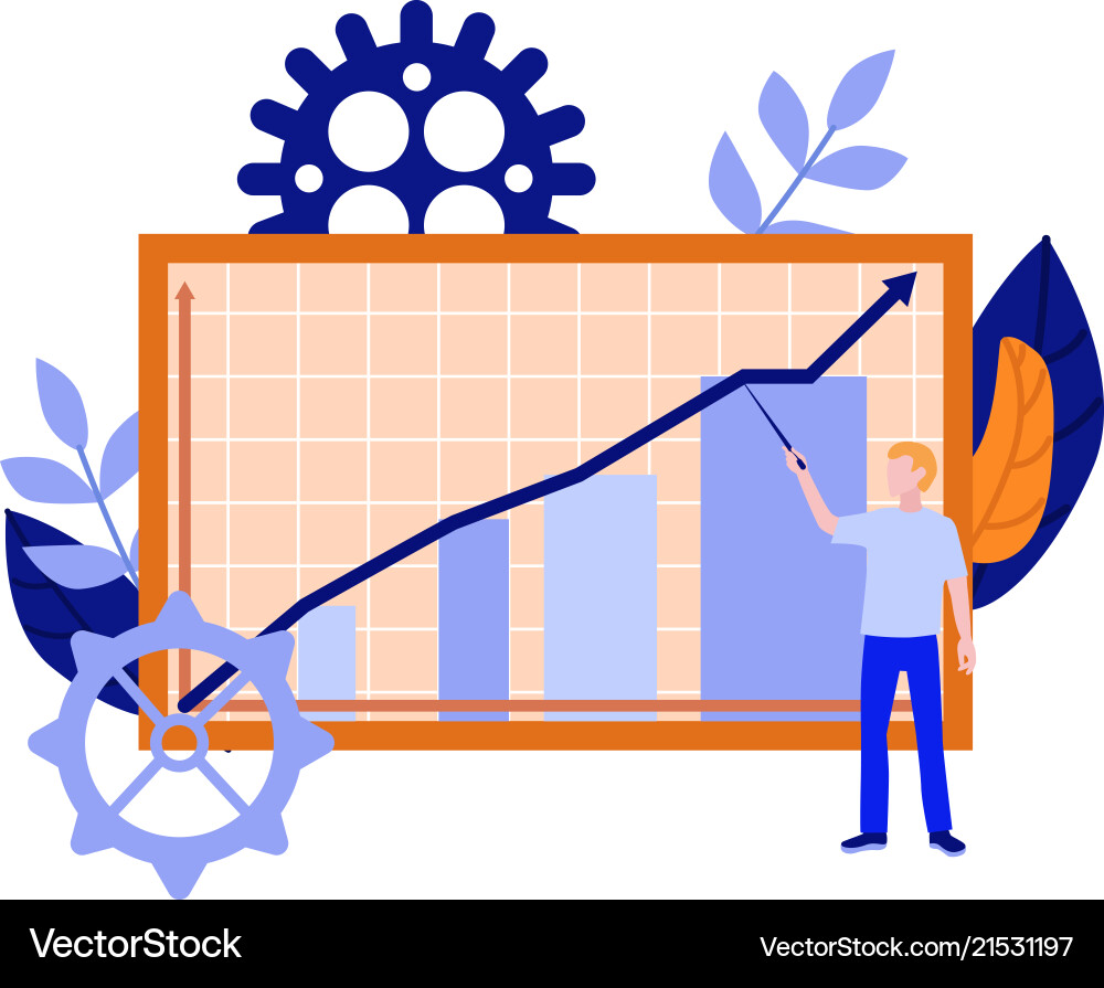 Mann mit Zeiger in der Nähe von Diagramm Bar Diagramm Mann mit Zeiger in der Nähe von Diagramm Bar Diagramm vektorbild