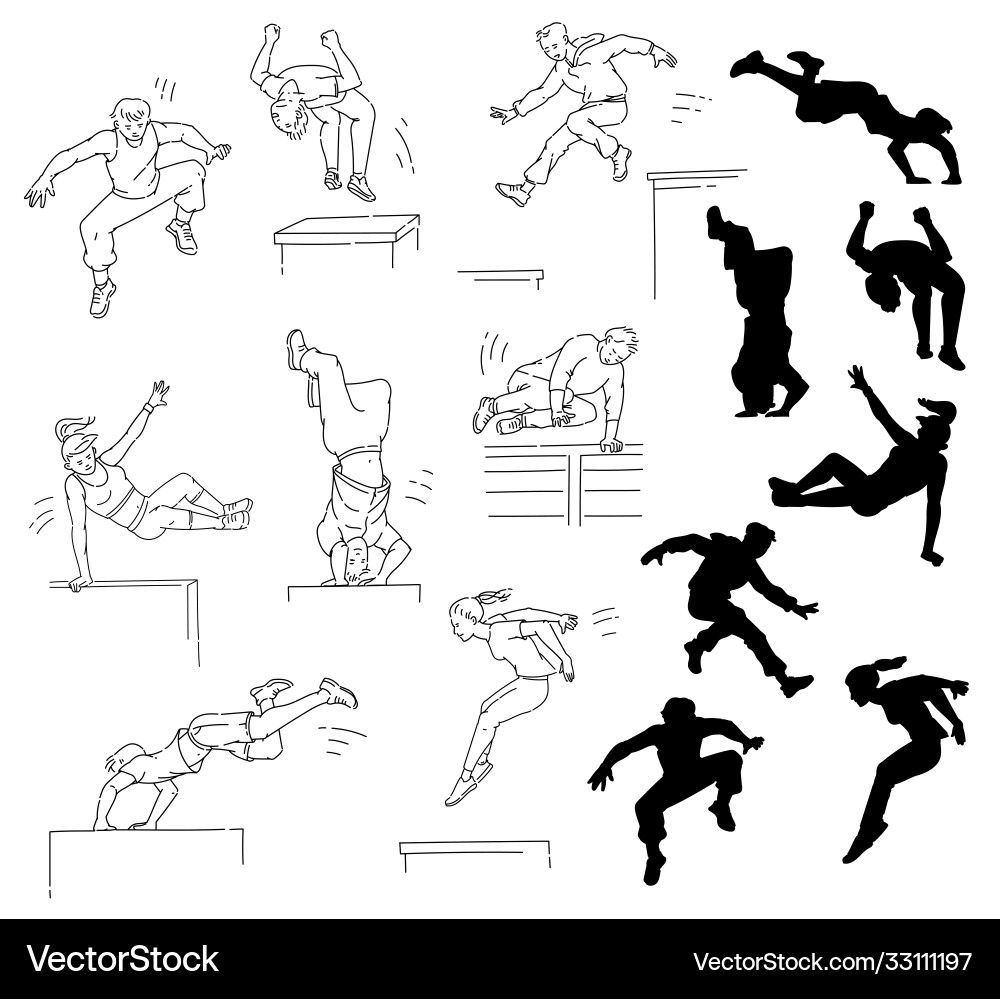 Parkour people skizzen und silhouette set - men Parkour people skizzen und silhouette set - men vektorbild