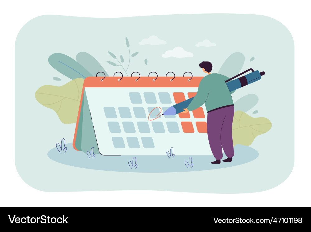 Kleiner Mann vor Riesenkalender Cartoon Kleiner Mann vor Riesenkalender Cartoon vektorbild