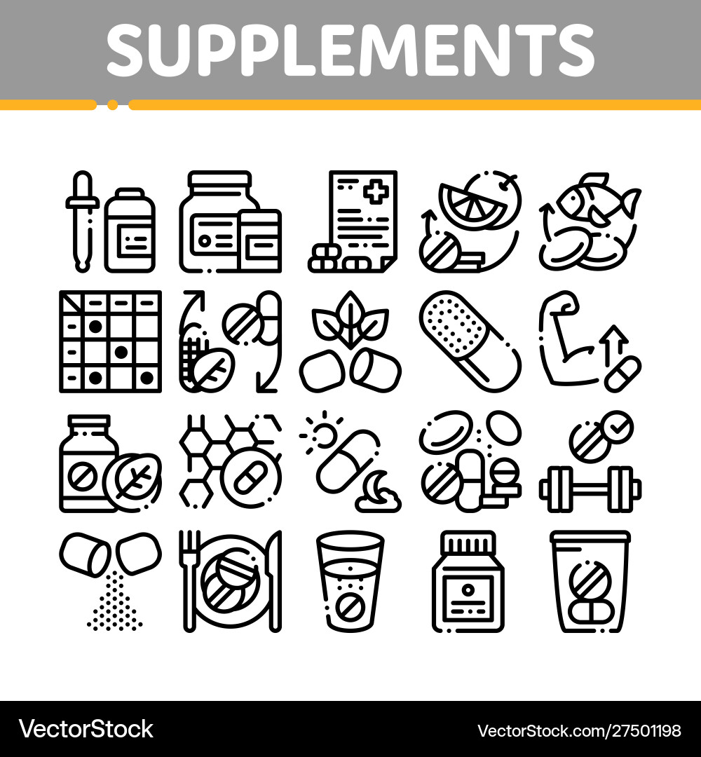 Supplements collection elements icons set Supplements collection elements icons set vector image