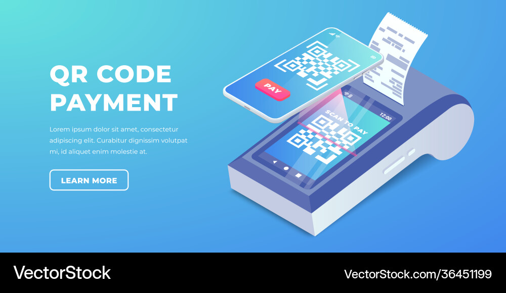 Isometric cashless payment machine with qr code Isometric cashless payment machine with qr code vector image