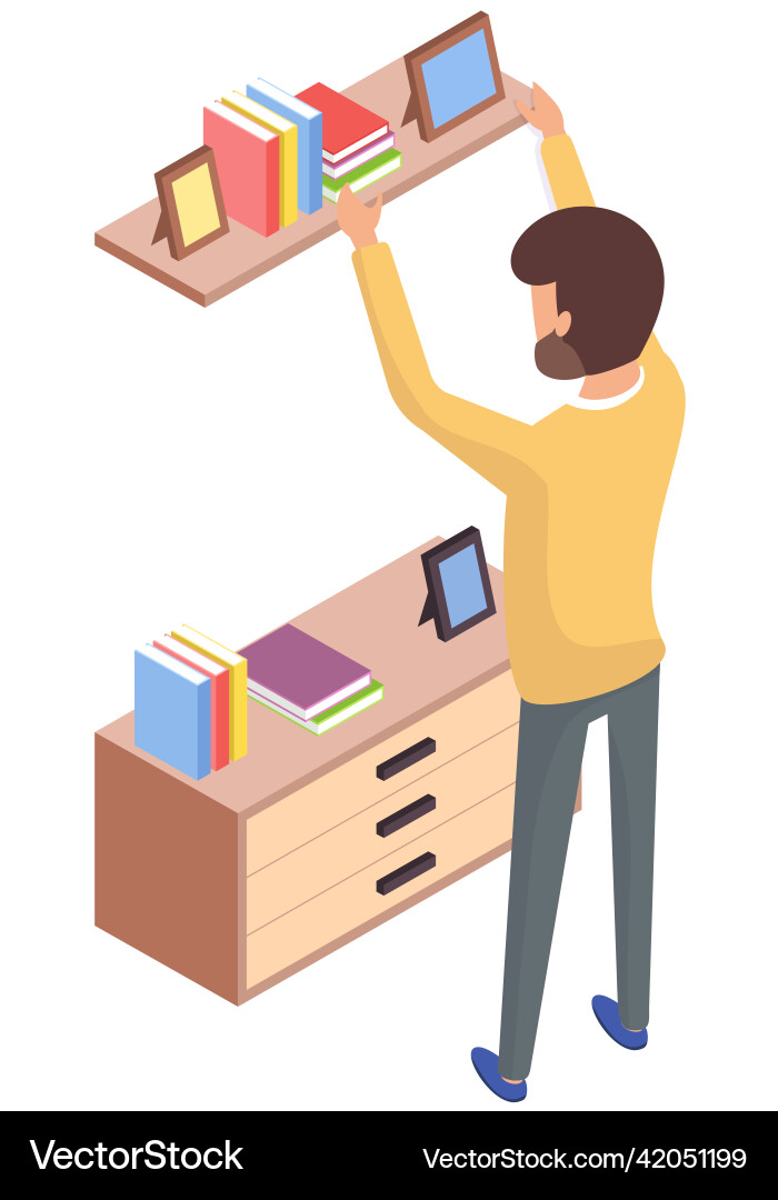 Man standing near shelf with photo frames vector image
