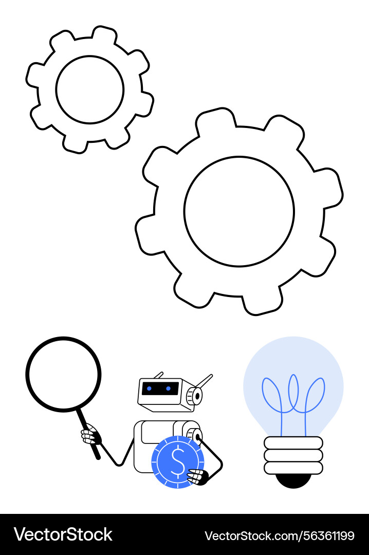 Robot inspecting idea and process gears Robot inspecting idea and process gears vector image
