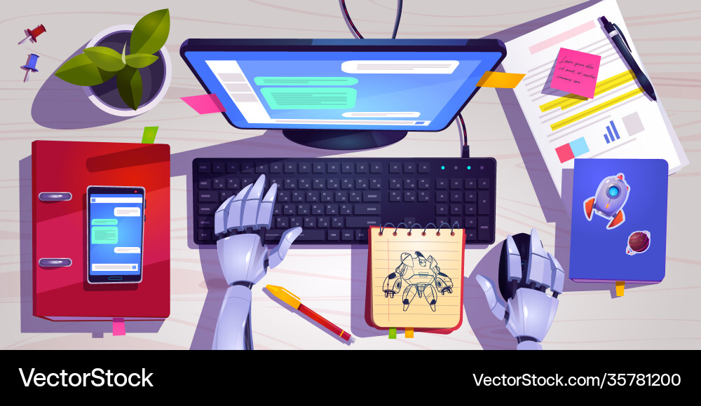 Arbeitsraum mit Roboterhand auf Computertastatur Arbeitsraum mit Roboterhand auf Computertastatur vektorbild