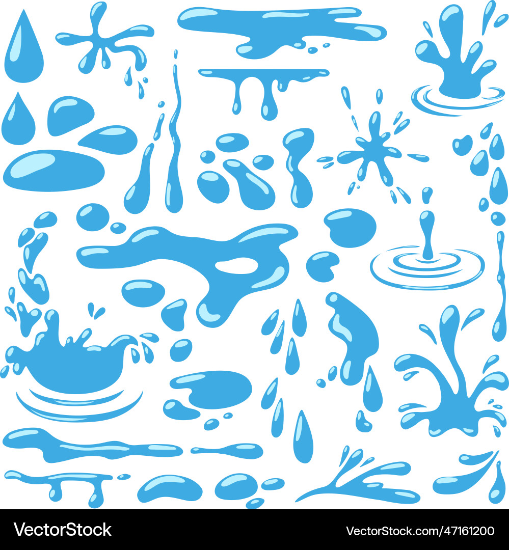 Cartoon water puddles and drops blue drop falling Cartoon water puddles and drops blue drop falling vector image
