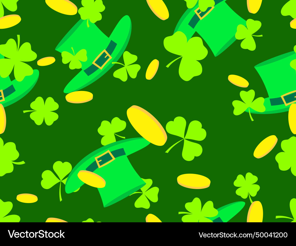Seamless pattern with gold coins green clover Seamless pattern with gold coins green clover vector image