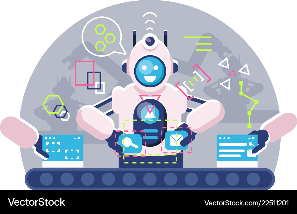 Automatic robot bot arms working on conveyor belt Automatic robot bot arms working on conveyor belt vector image