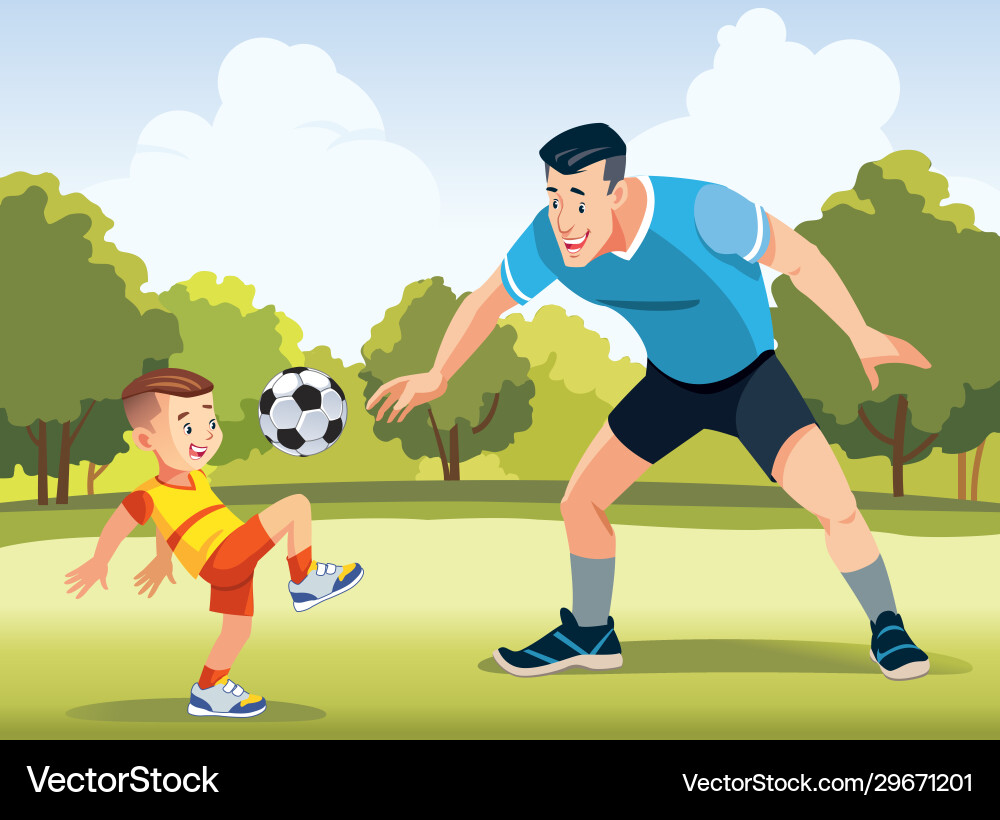 Junge Vater mit seinem kleinen Sohn Fußball spielen Junge Vater mit seinem kleinen Sohn Fußball spielen vektorbild