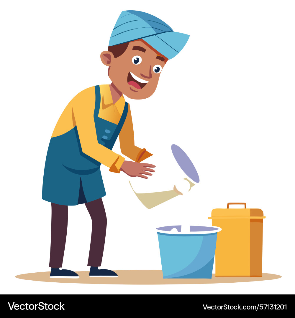 Man pouring liquid from container into bucket Vector Image