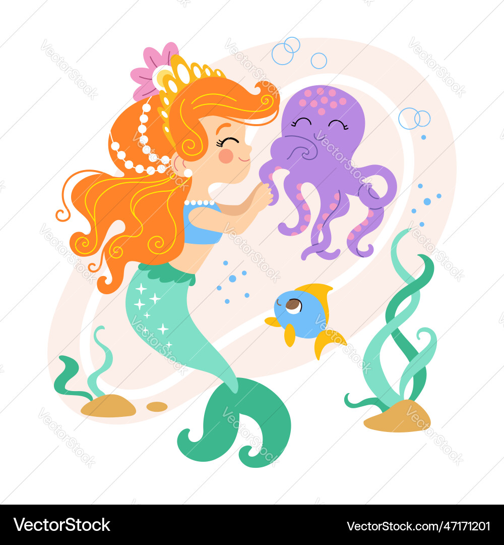 Mermaid and Octopus Cartoon Vector Image