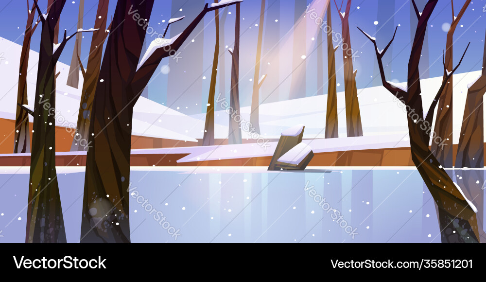 Winter landscape with frozen lake in forest Winter landscape with frozen lake in forest vector image