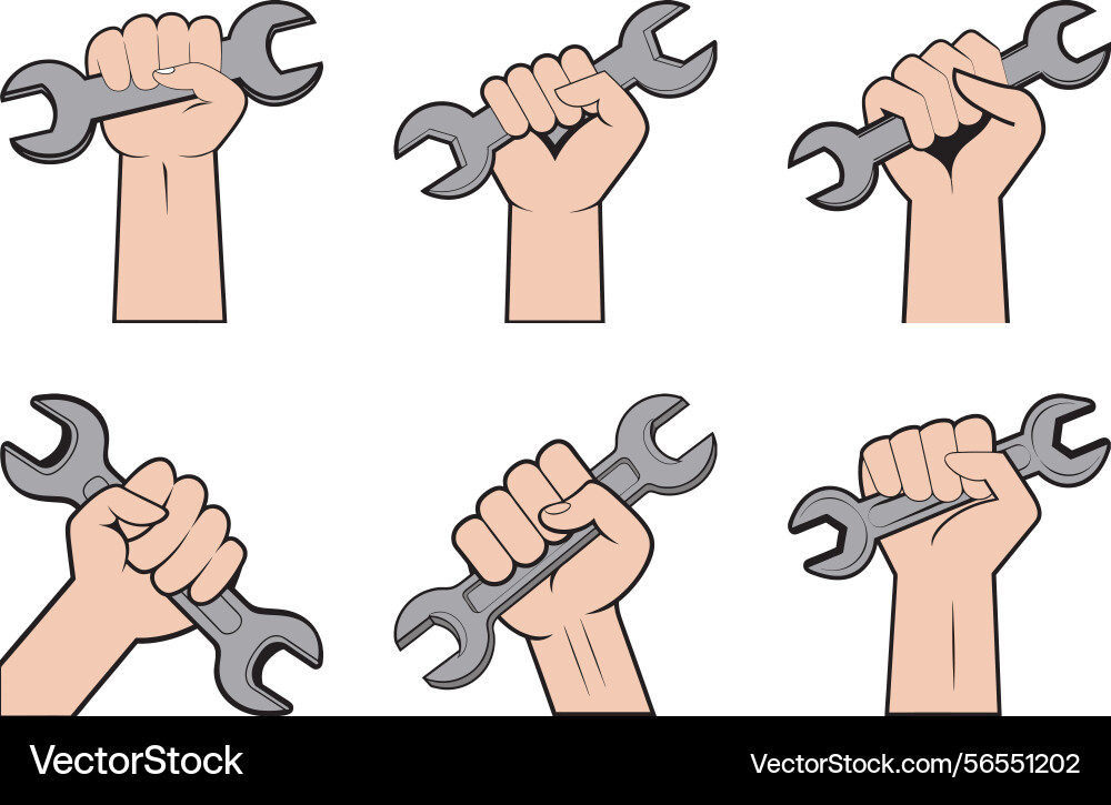 Hands gripping wrenches in various ways Vector Image