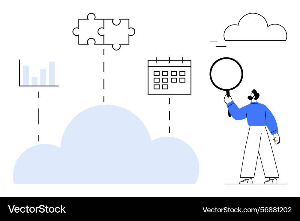 Man examining data visualization with magnifying Man examining data visualization with magnifying vector image