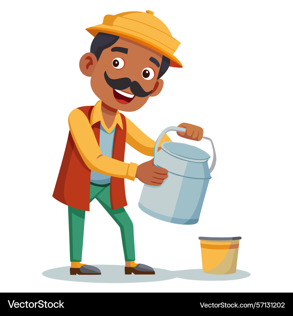 Man pouring liquid from container into bucket Vector Image