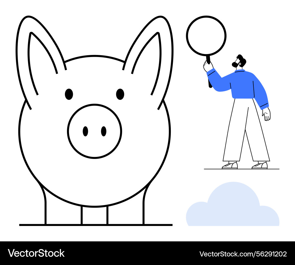 Man with magnifying glass examining large piggy Vector Image