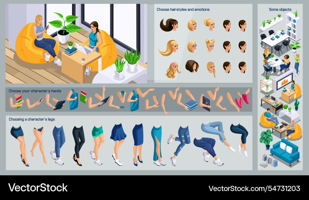Isometric girl characters constructor for design Isometric girl characters constructor for design vector image
