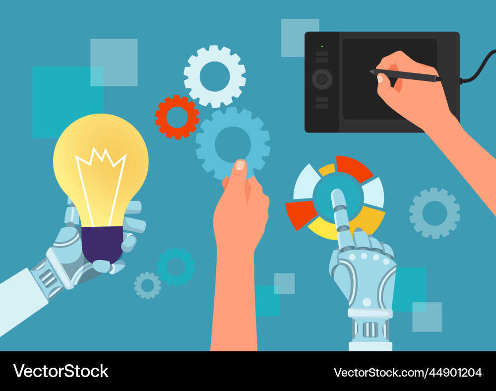 Automatic robot and people teamwork together data Automatic robot and people teamwork together data vector image
