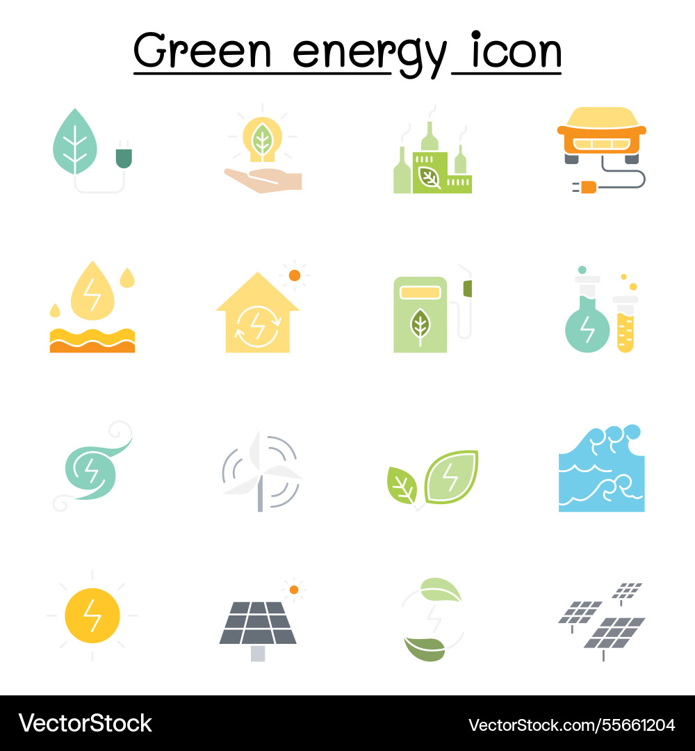Green energy icon set in flat color style Green energy icon set in flat color style vector image