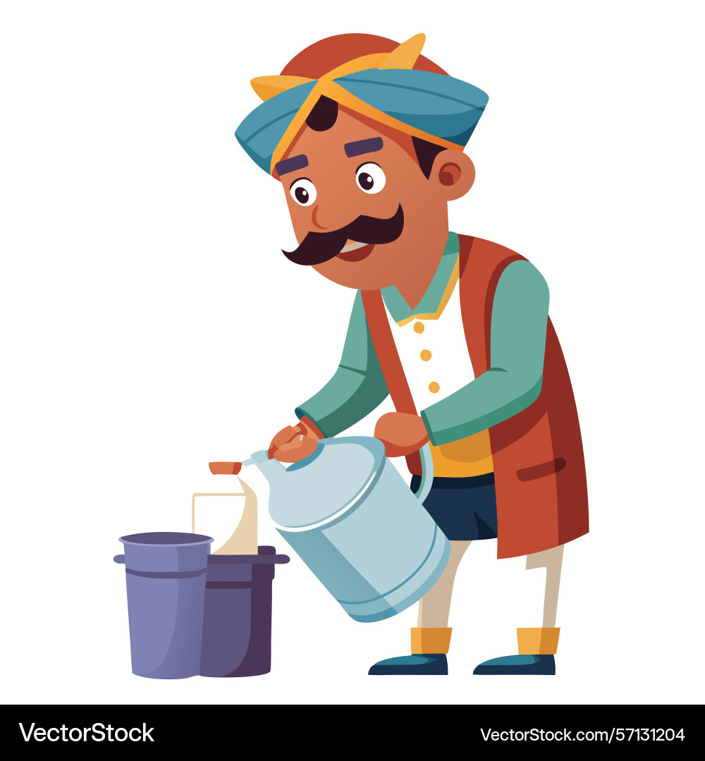 Man pouring liquid from container into bucket Vector Image