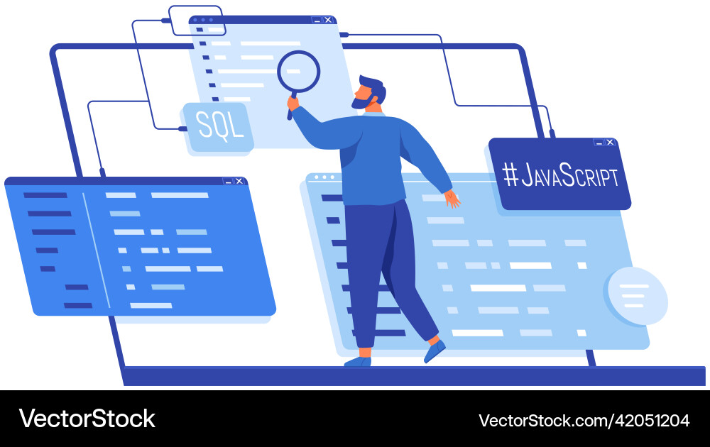 Man with loupe looking for information in text Man with loupe looking for information in text vector image