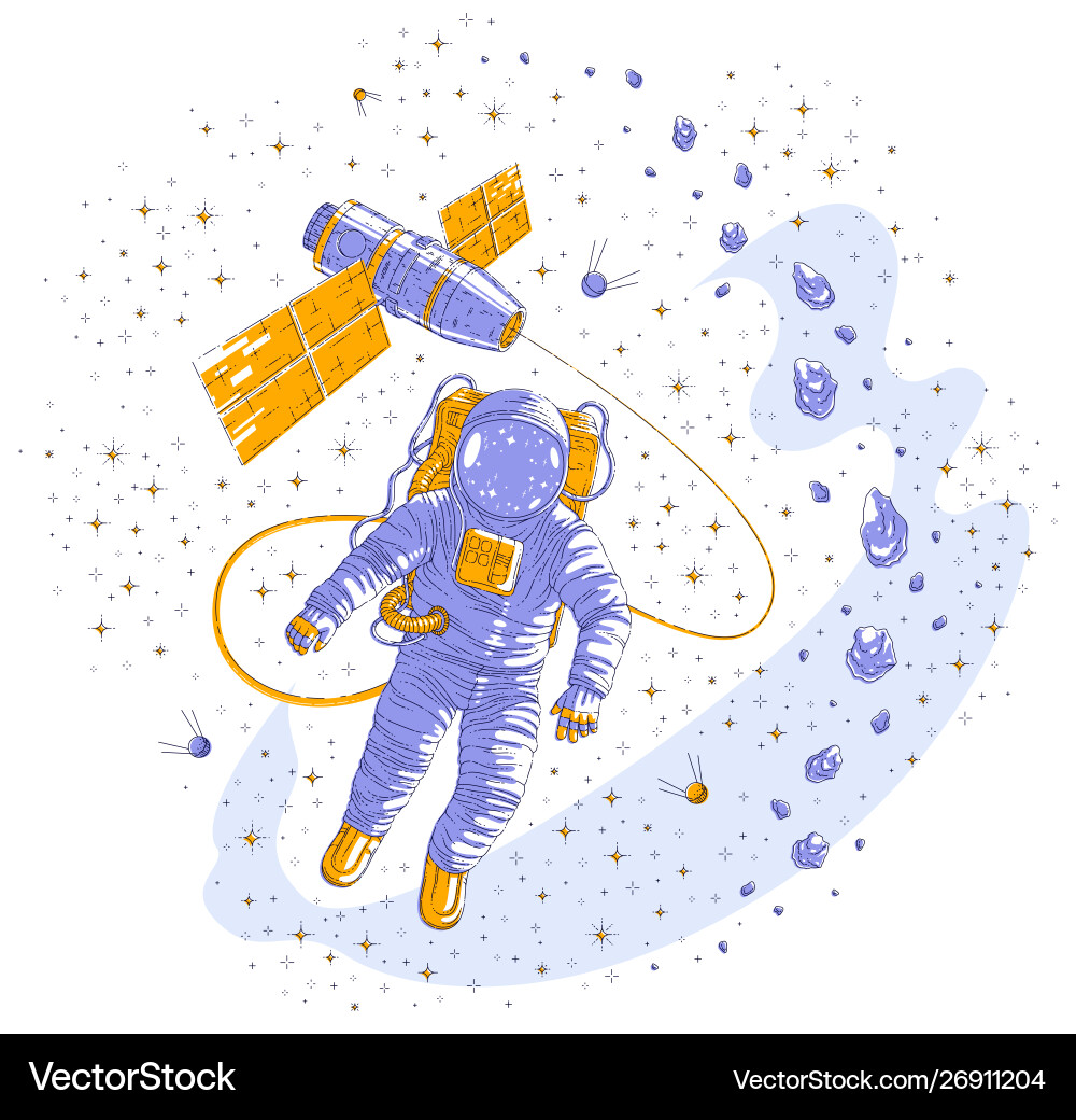 Spaceman flying in open space connected Vector Image