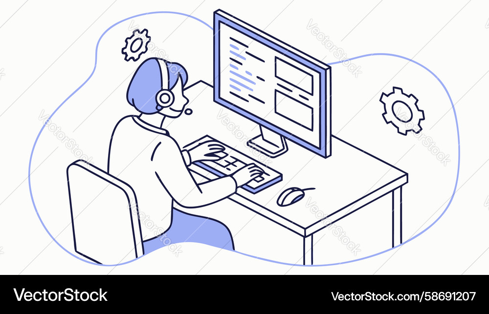 Person efficiently working on desktop computer Vector Image